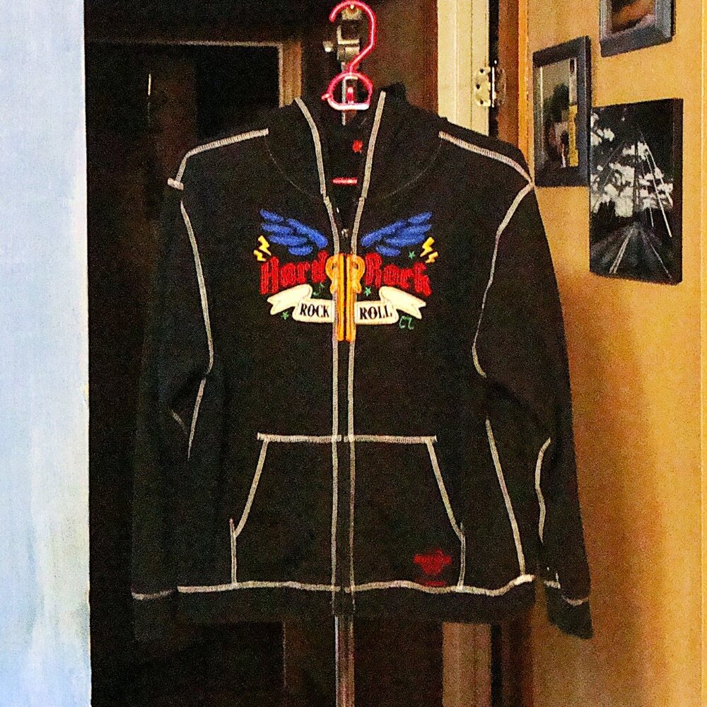 Hard Rock Cafe Cleveland Embroidered Black Zip Hoodie Jacket XL Y2K Guitar Wings